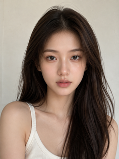 Woman with long dark hair wearing a white tank top, looking directly at the camera