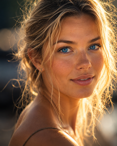 Woman with blonde hair and blue eyes in golden hour sunlight