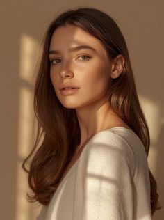 Woman with long brown hair in soft window light