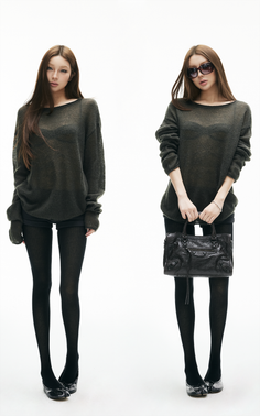 Two full body shots of a woman in a sheer top and black tights on a white background