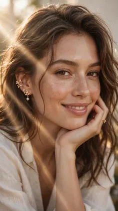 Woman with long hair and freckles smiling in soft golden hour light