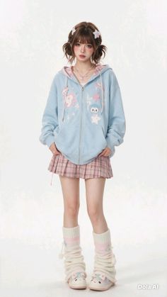 Anime style girl in a blue hoodie and pink plaid skirt with leg warmers