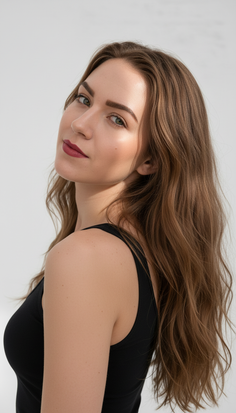 Woman with long brown hair and red lipstick in a black top looking over her shoulder
