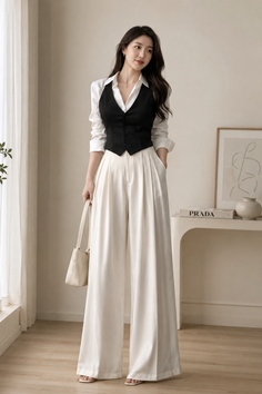 Woman in a black vest and white wide-leg pants holding a handbag indoors