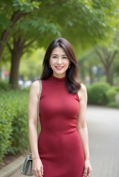 Woman in a red dress smiling outdoors with a shoulder bag
