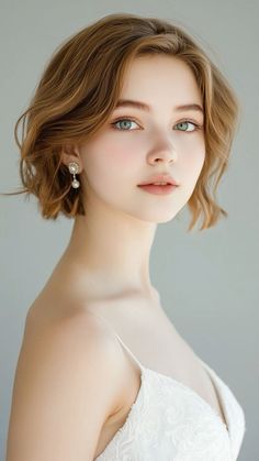 Woman with short hair and pearl earrings in a white dress