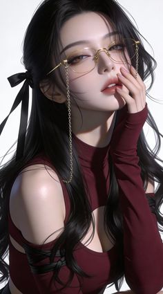 Woman with long black hair and glasses wearing a red top with cutouts
