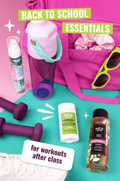 Back to school and workout essentials including a backpack, water bottle, and toiletries