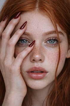 Close up portrait of a woman with red hair, freckles, and long red nails