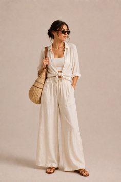 Woman in a white linen outfit with a straw bag and sunglasses