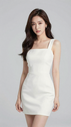 Woman with long dark hair wearing a white dress and earrings in a studio shot