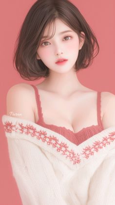 Illustration of a woman with short hair wearing a knitted top and off-shoulder sweater
