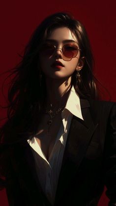 Woman in a suit and sunglasses with dramatic lighting against a red background