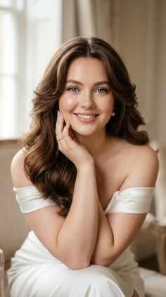 Woman with long brown hair and blue eyes wearing a white off-shoulder dress
