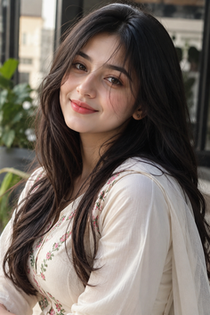Woman with long dark hair wearing an embroidered top, smiling outdoors