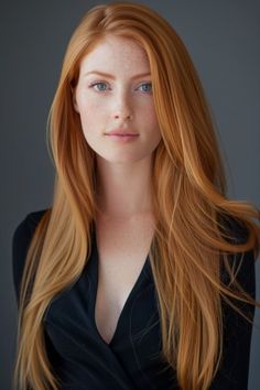Woman with long red hair and freckles wearing a black top