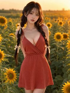 Woman in a red dress with braids in a sunflower field at golden hour