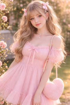 Woman in a pink dress with pigtails and a heart-shaped bag outdoors