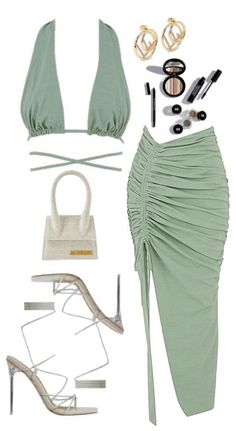 Fashion flat lay with a sage green halter top, ruched skirt, and accessories