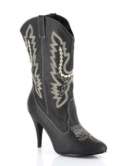Black cowboy boot with white embroidered design and a high heel