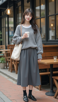 Woman in a gray sweater and wide leg pants holding a coffee cup at an outdoor cafe