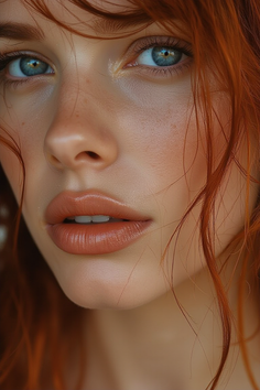 Close up portrait of a woman with red hair, blue eyes, and freckles