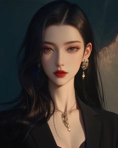 Illustration of a woman with long black hair wearing a black blazer and gold jewelry