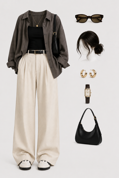 A casual outfit with an oversized shirt, wide leg pants, and accessories