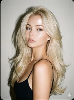 Woman with long blonde hair wearing a black top, looking at the camera