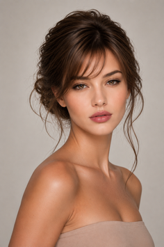 Woman with brown hair in an updo and bare shoulders looking at the camera