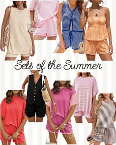 Collage of women modeling various summer matching top and shorts sets