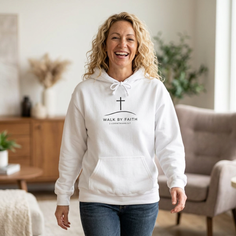 Woman in a white hoodie and jeans smiling indoors