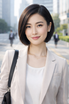Woman with short hair in business attire smiling outdoors in a city