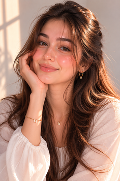 Young woman with long brown hair wearing a white blouse and jewelry