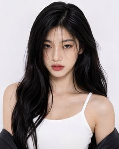 Woman with long black hair wearing a white tank top