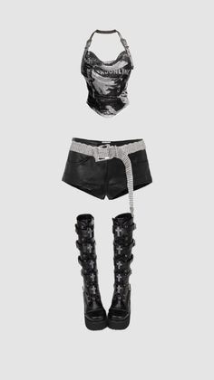Gothic style outfit with a black halter top, leather shorts, and platform boots