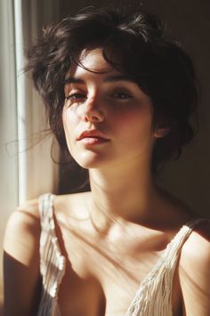 Woman with short dark hair in soft backlight with shadows on her face and chest