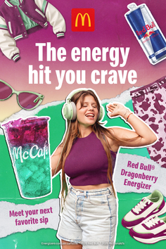 Collage featuring a young woman with headphones, drinks, and various fashion items