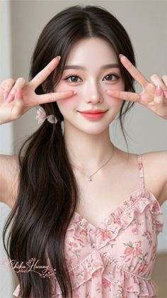 Woman with long dark hair in a pink floral dress making peace signs