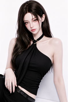 Woman with long dark hair wearing a black halter top with a heart choker
