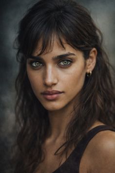 Close up portrait of a woman with green eyes and dark, wavy hair