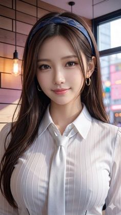 Woman with long hair wearing a white shirt and tie indoors