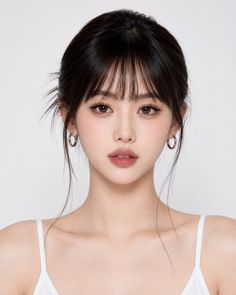 Woman with black hair in an updo and bangs wearing hoop earrings and a white top