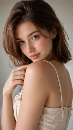 Woman with short brown hair looking over her shoulder in soft lighting