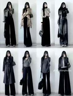 Eight women in various dark-toned casual outfits with wide-leg pants and long hair
