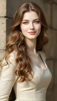 Woman with long wavy hair and blue eyes in a cream dress outdoors