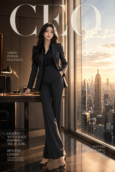 Woman in a business suit standing in an office with a cityscape view at sunset