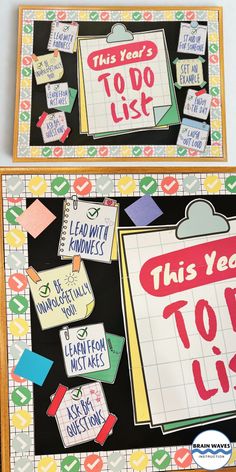 A bulletin board with a 'This Year's To Do List' and motivational notes