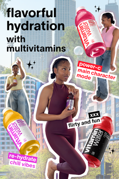 Collage of women with Vitamin Water bottles in a city setting