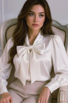 Woman with long hair wearing a white blouse with a large bow collar, sitting indoors
